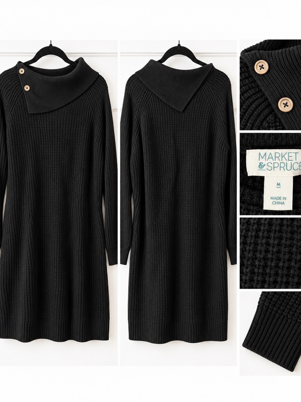 Market & Spruce Black Knit Button-Collar Sweater Dress M NWT